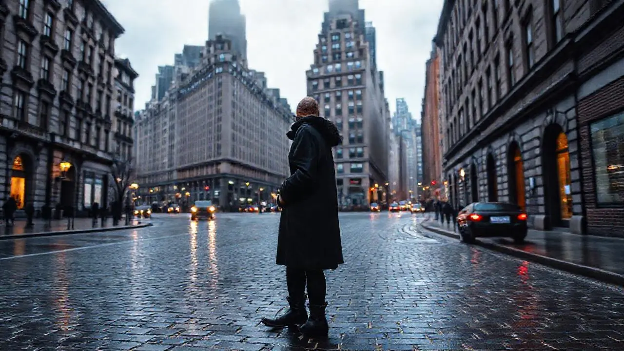 Ciudad invernal urbana, brumosa y melancólica