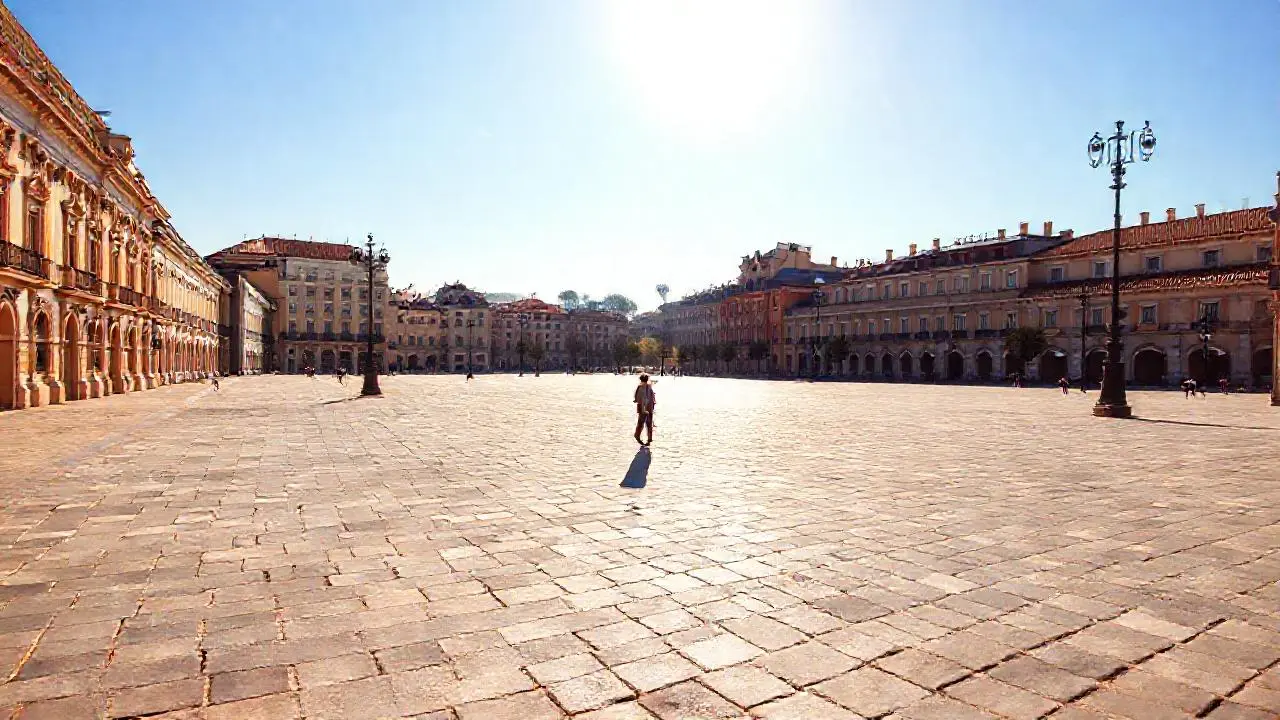 Plaza soleada, arquitectónica y con espacio