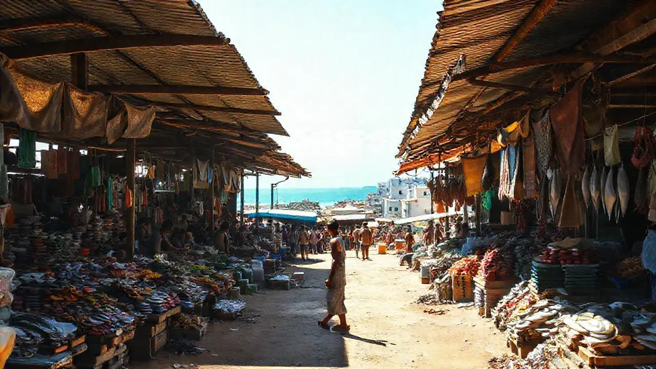 Mercado vibrante, atmósfera cálida y luminosa