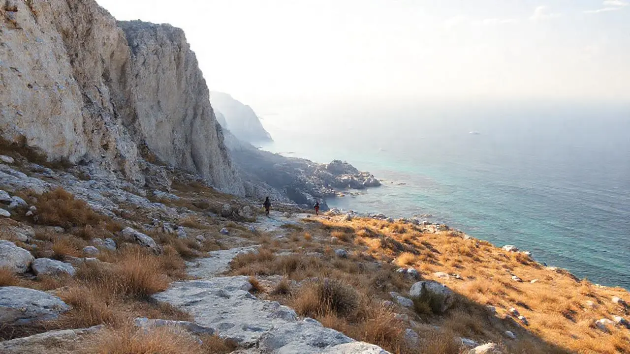 Costa rocosa y serena, luz cálida