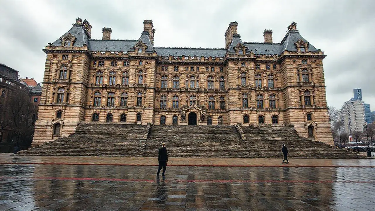 Imponente edificio clásico, atmósfera urbana y serena