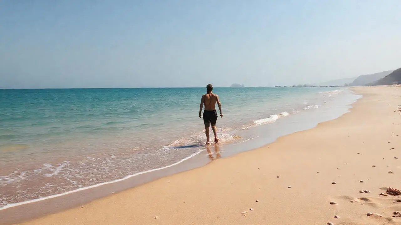 Playa serena, luz cálida y distante