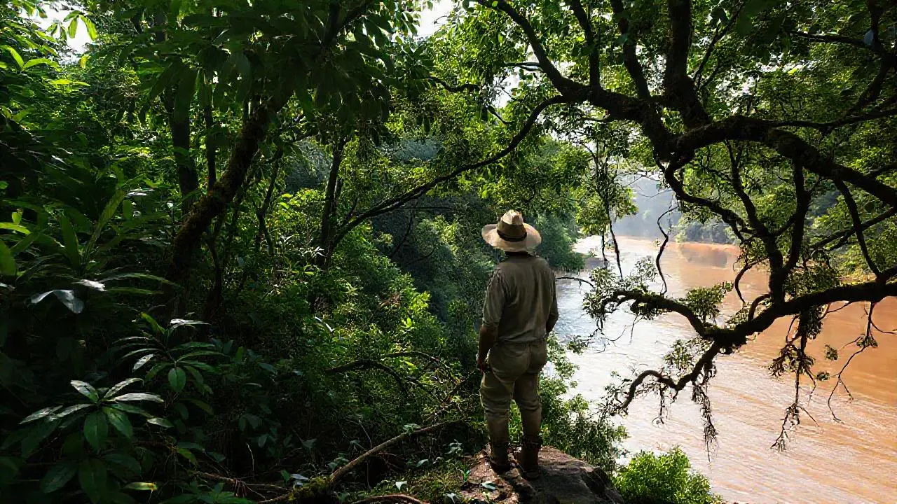 Selva exuberante, figura solitaria, río distante