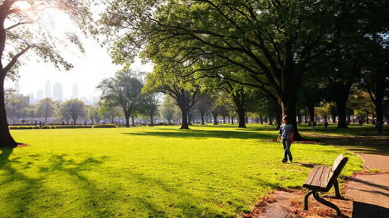 Parque urbano tranquilo bajo cielo nublado