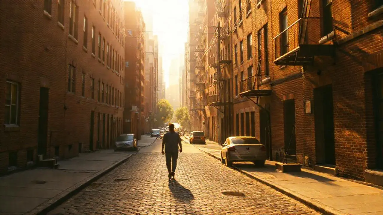 Calle urbana tranquila, luz difusa y realista