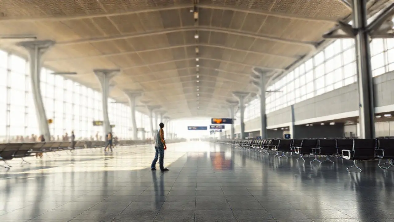 Terminal de aeropuerto, ambiente tranquilo y realista