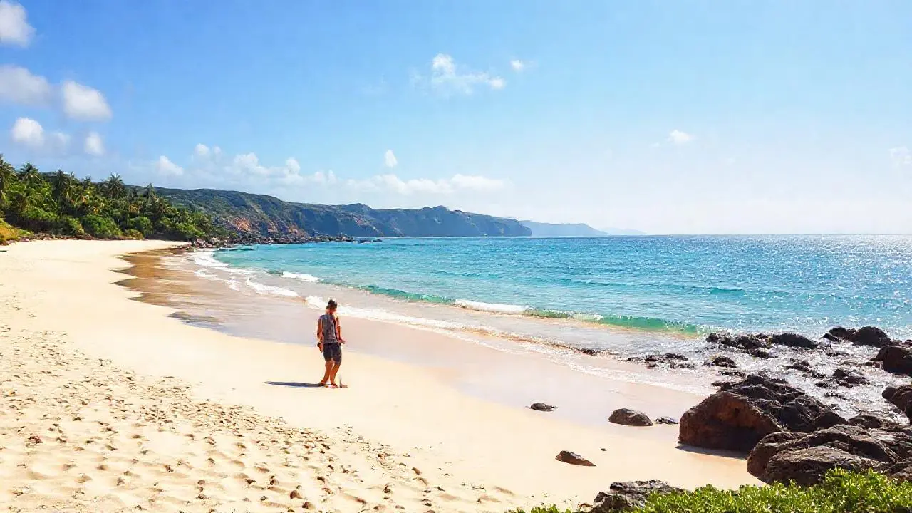 Playa serena, luz cálida, paisaje amplio