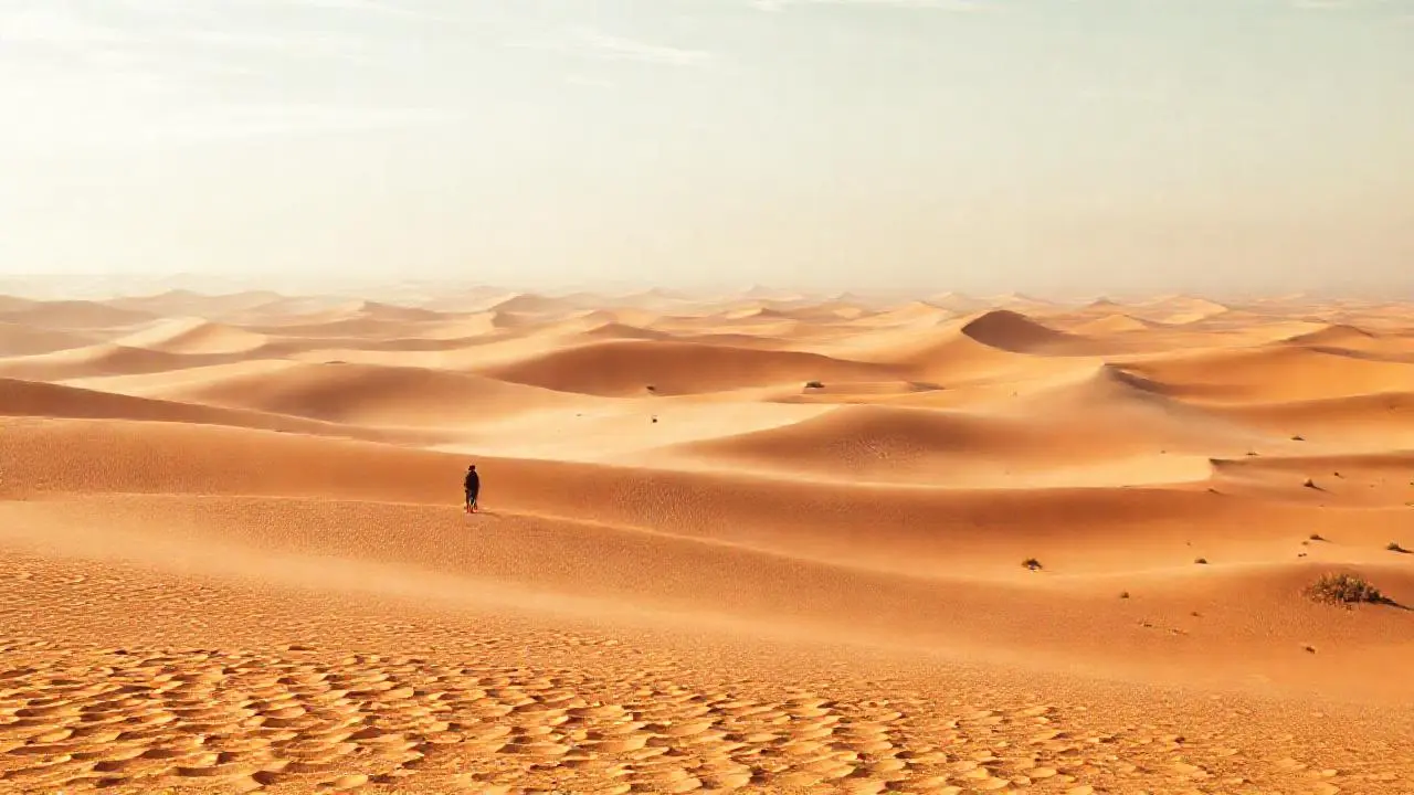 Un solitario caminante en vasto desierto
