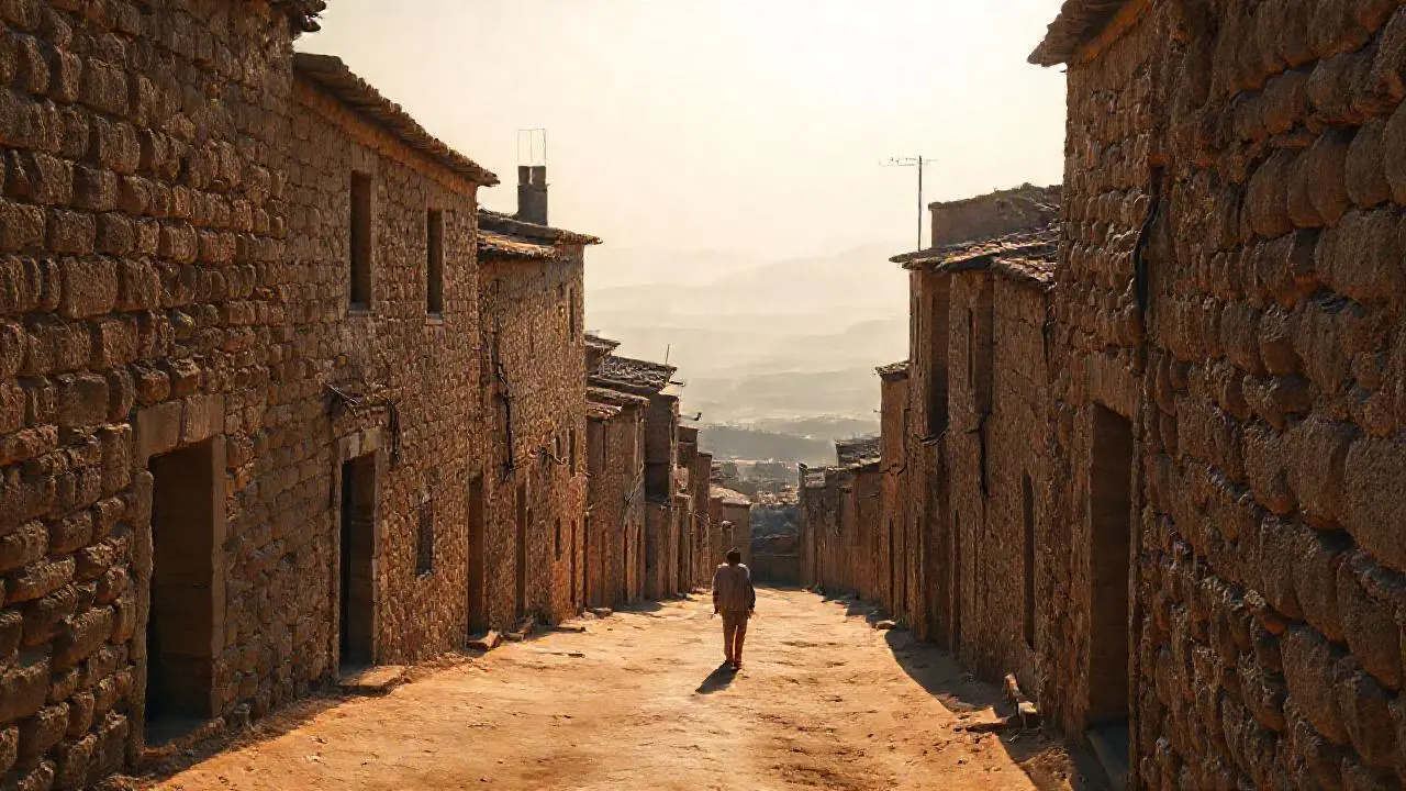 Pueblo antiguo, luz cálida y soledad