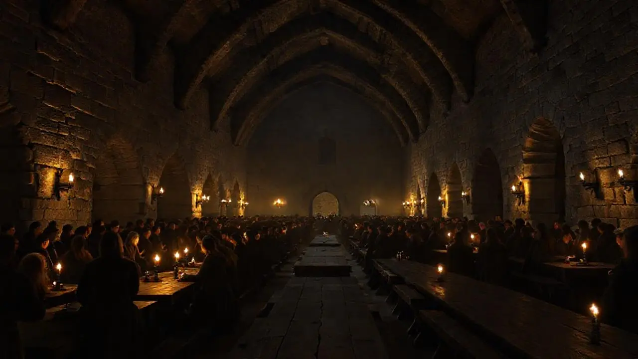 Salón medieval, oscuro, con gente y historia