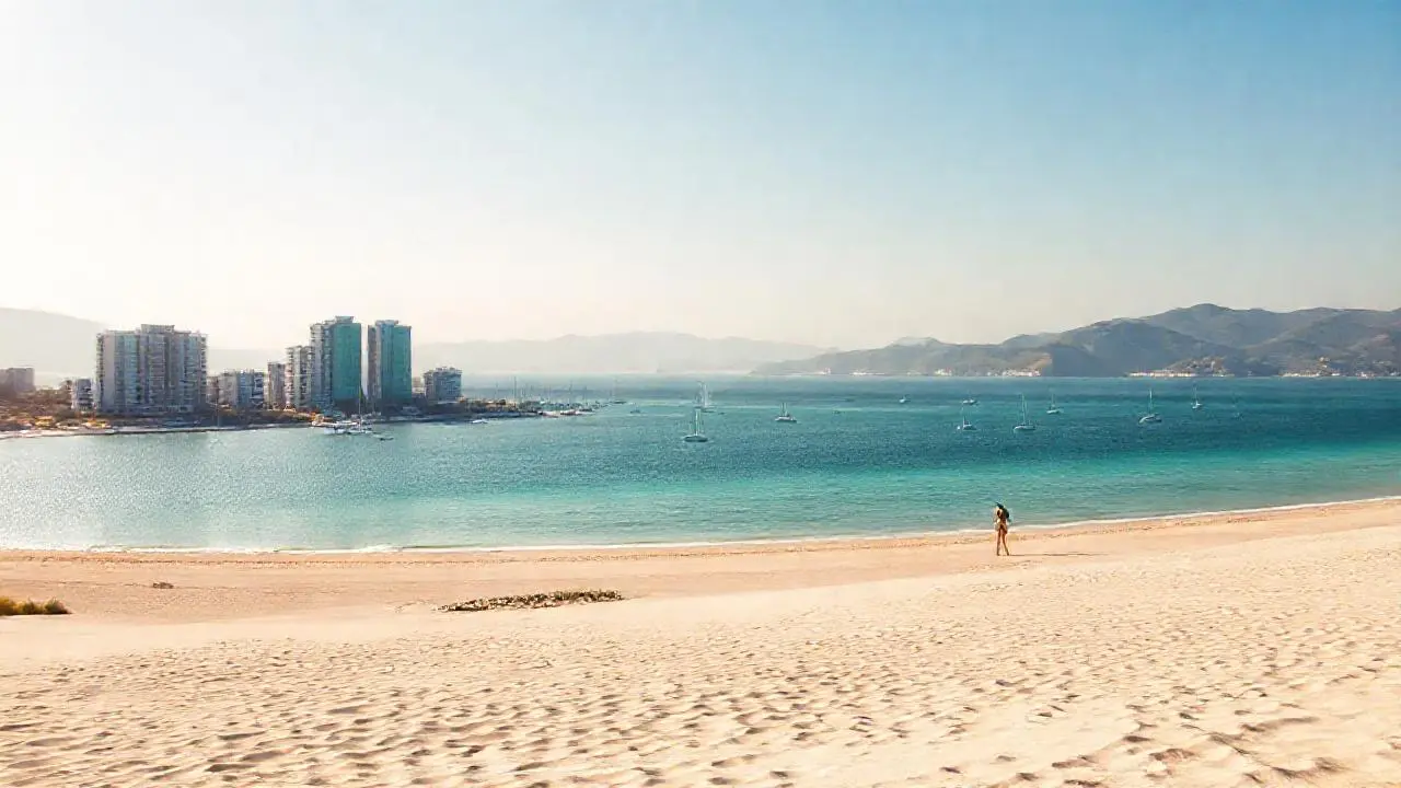 Playa soleada, calma y amplia vista