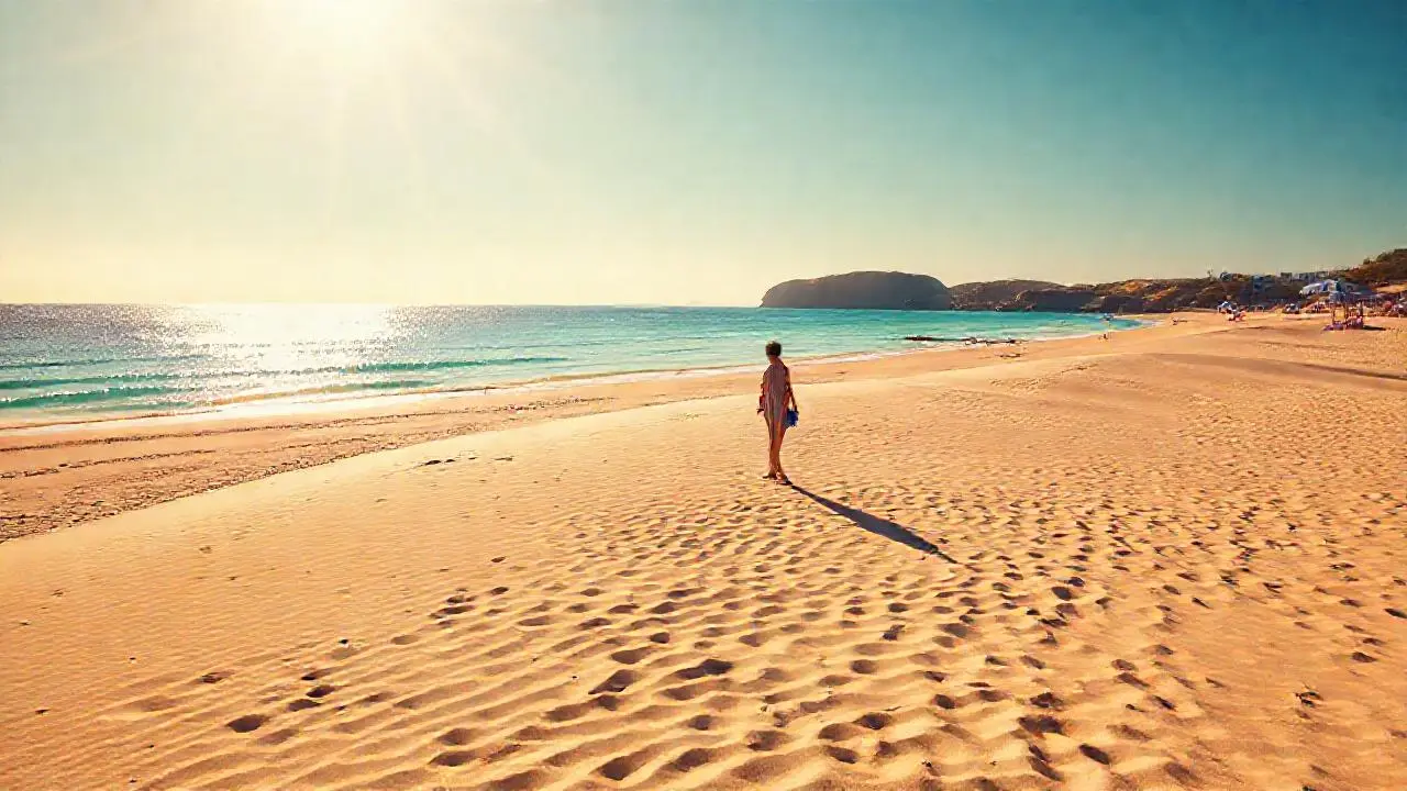 Playa tranquila, luz cálida y horizonte amplio