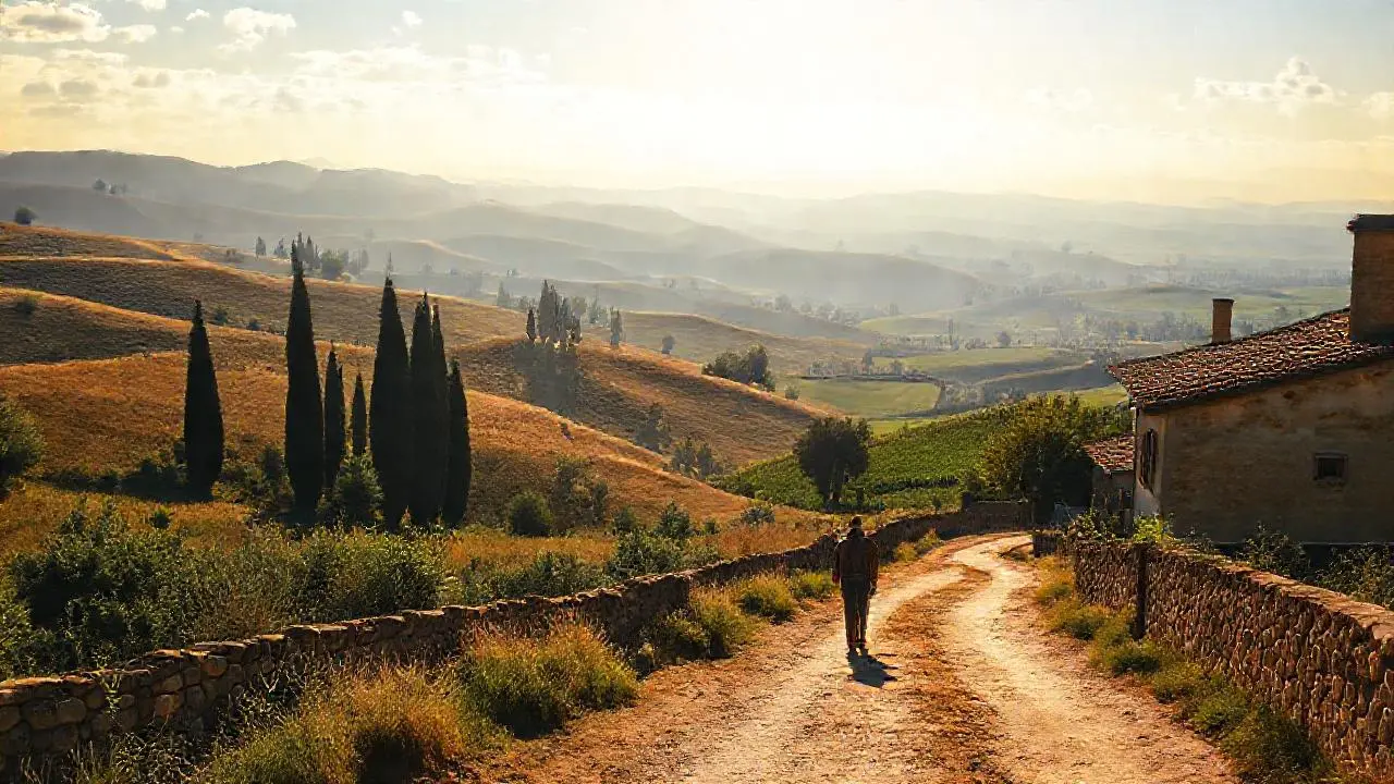 Paz rural toscana, luz cálida y amplia