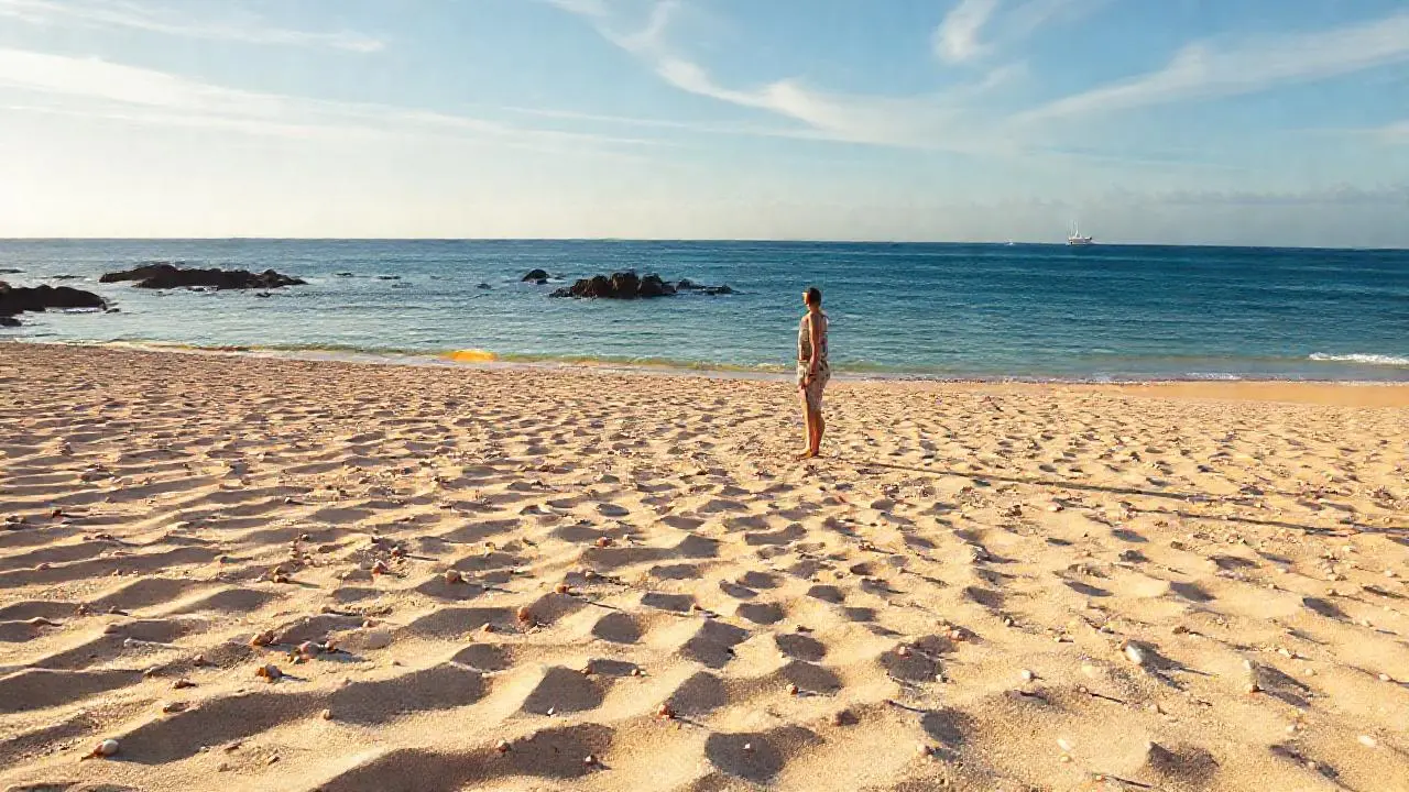 Playa tranquila, luz cálida y espacio abierto