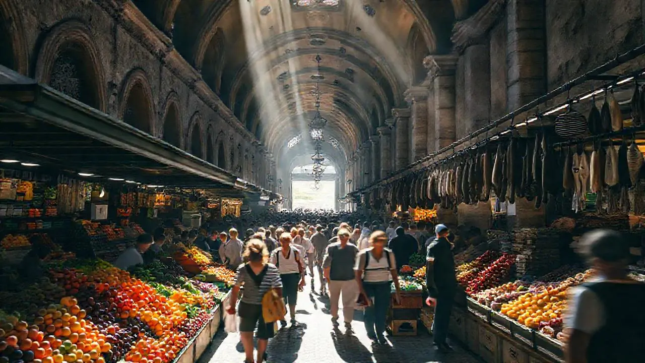 Mercado bullicioso, lleno de vida y color