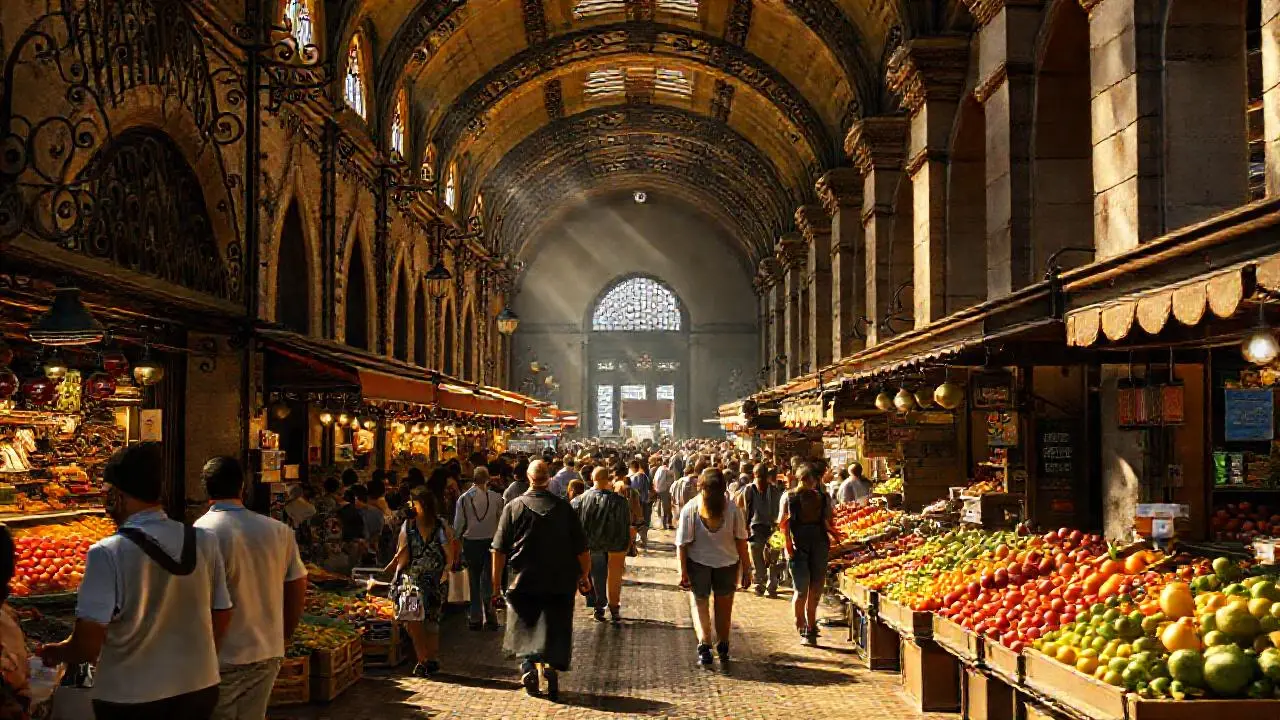 Mercado vibrante, detallado y ligeramente brumoso