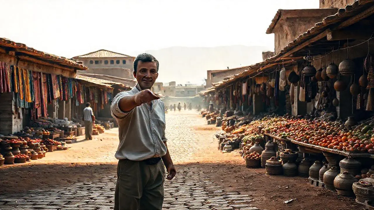 Mercado antiguo, cálido, lleno de vida