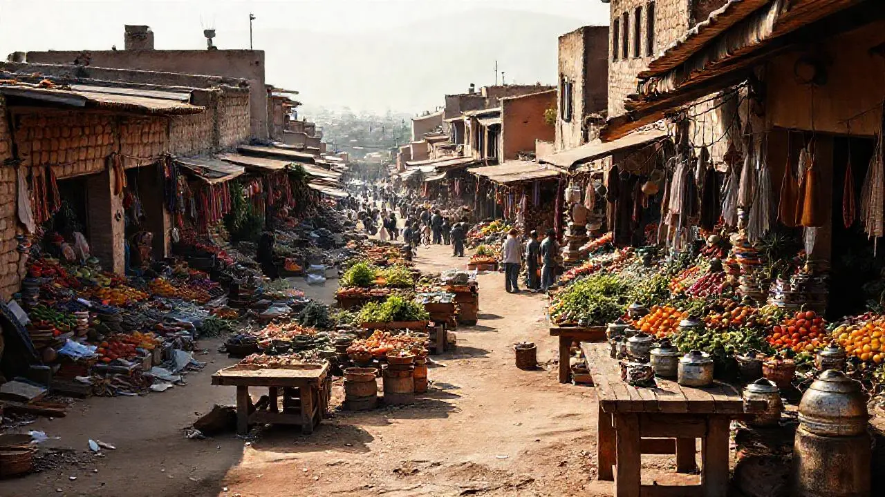 Mercado vibrante bajo luz natural cálida