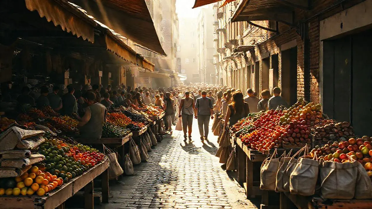 Mercado bullicioso, cálido y con vida