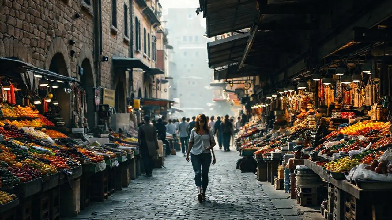 Mercado vibrante, luz suave y ambiente urbano