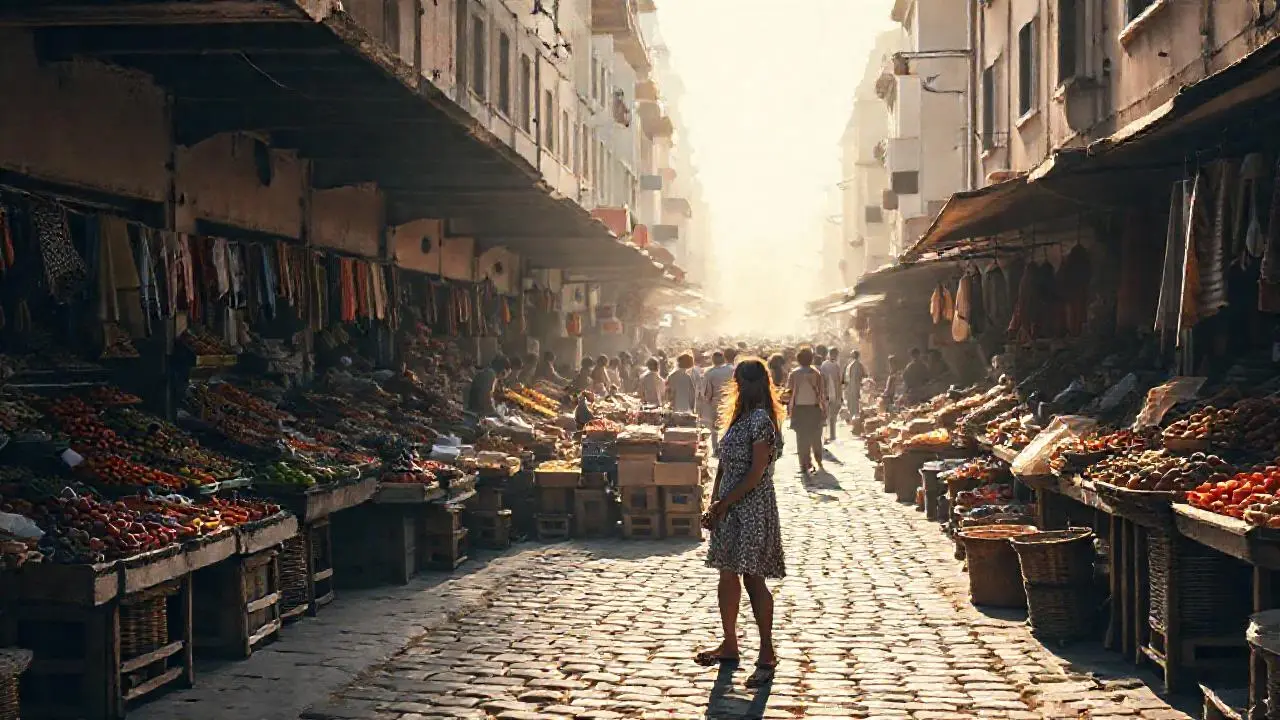 Mercado bullicioso, luz suave y ambiente urbano