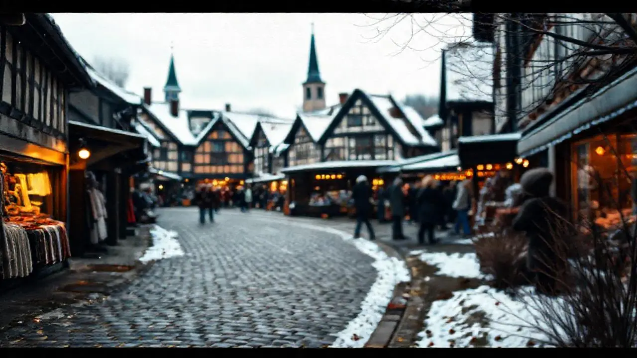 Pueblo invernal tranquilo y ligeramente borroso