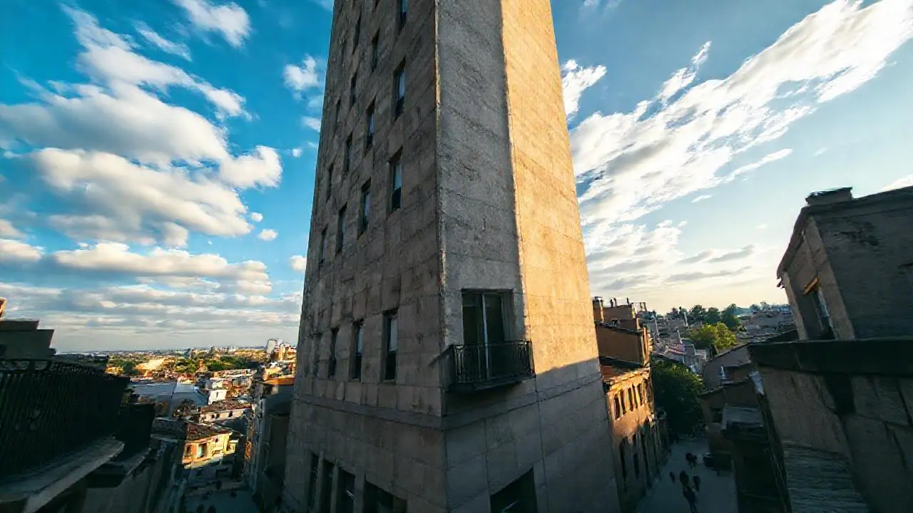 Edificio moderno, luz cálida, ambiente urbano