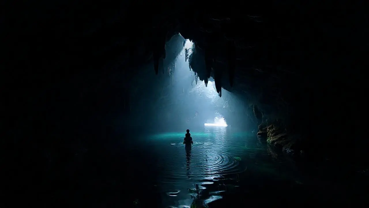 Profunda cueva subacuática, serena e inmensa