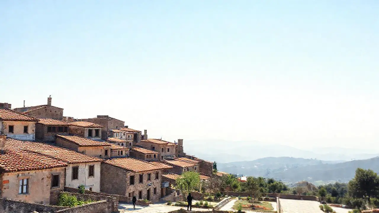 Pueblo antiguo bajo un cielo vasto
