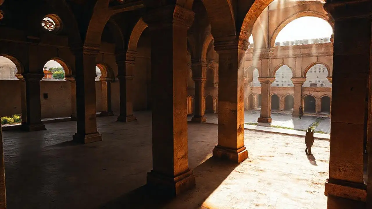 Antigua arquitectura serena, bañada por luz tenue