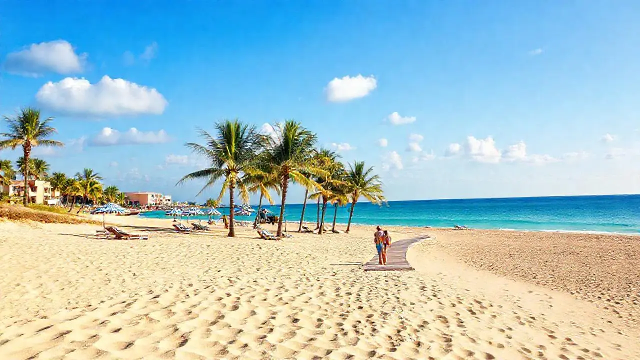 Playa serena, luz cálida, ambiente relajado