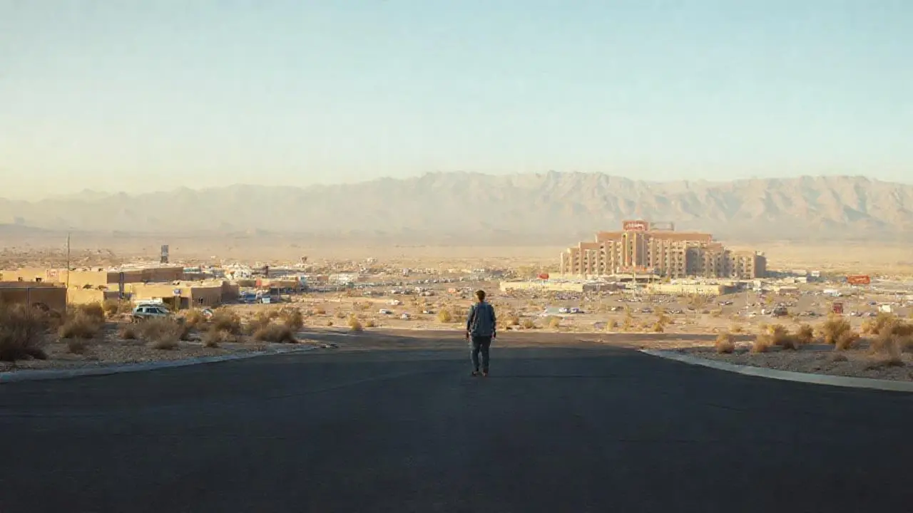 Paisaje desértico, casino, y figura solitaria