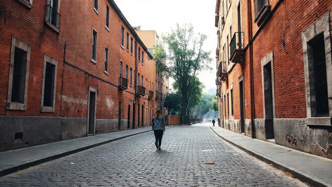 Calle antigua, tranquila y ligeramente brumosa