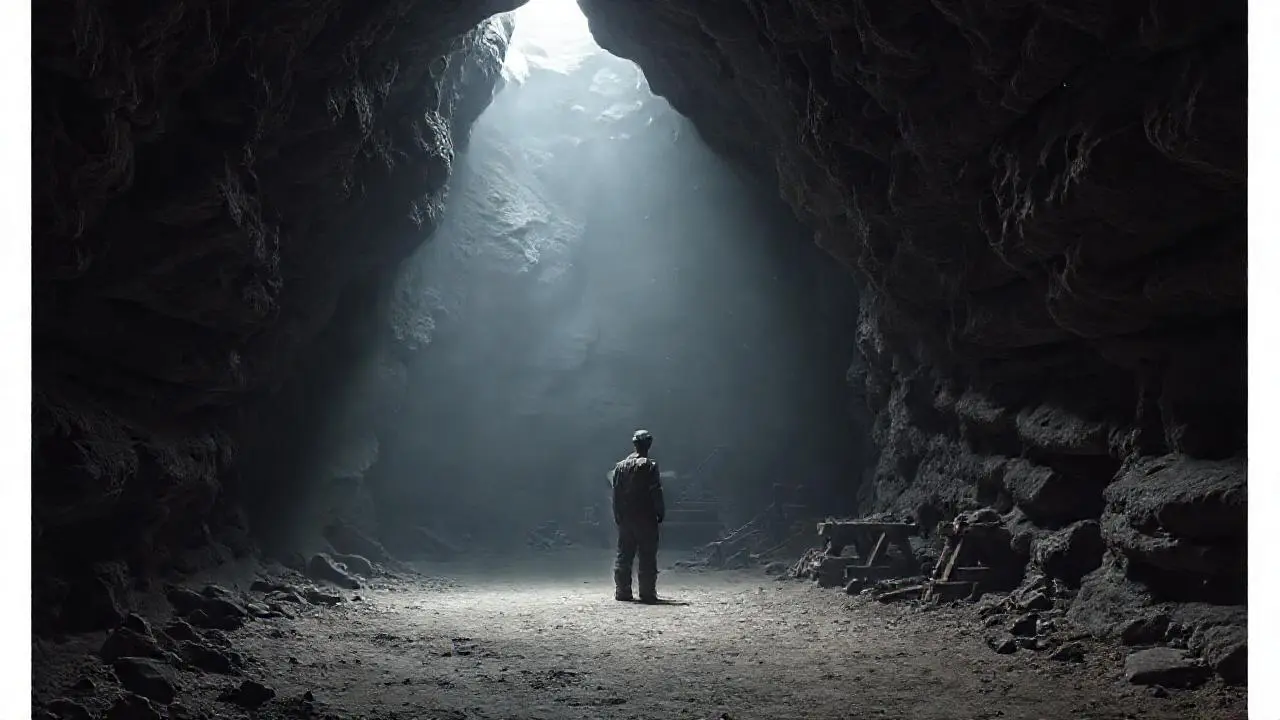 Túnel minero antiguo, oscuro y polvoriento