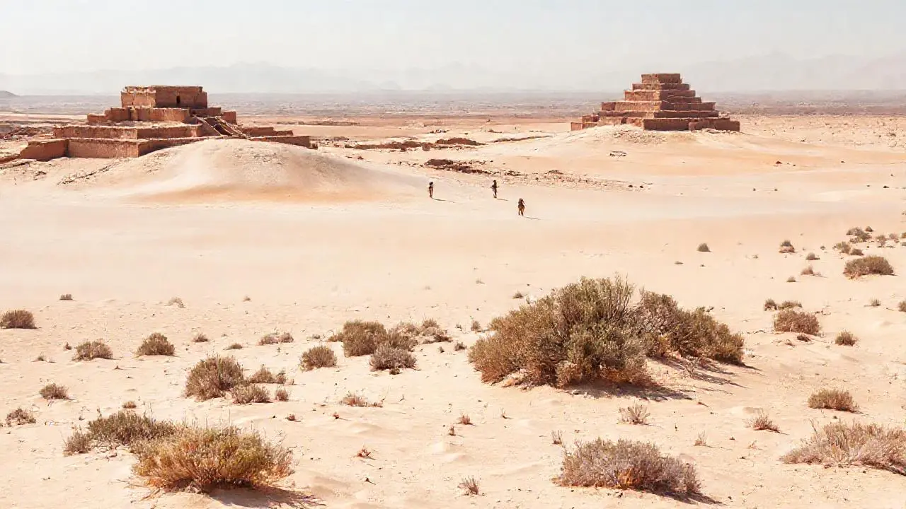 Paisaje árido, pirámides de adobe, soledad
