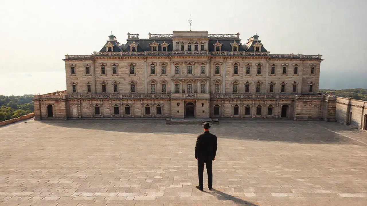 Palacio imponente, luz tenue, vista panorámica