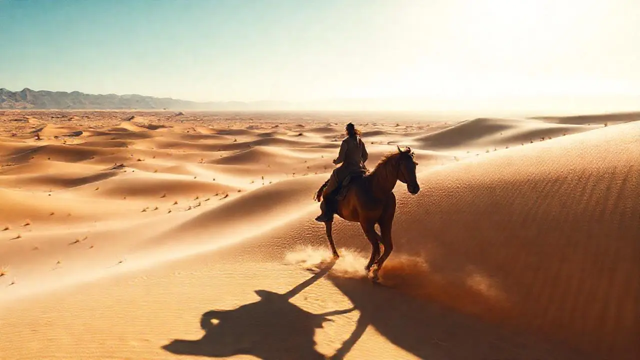 Un jinete solitario cabalga por el desierto