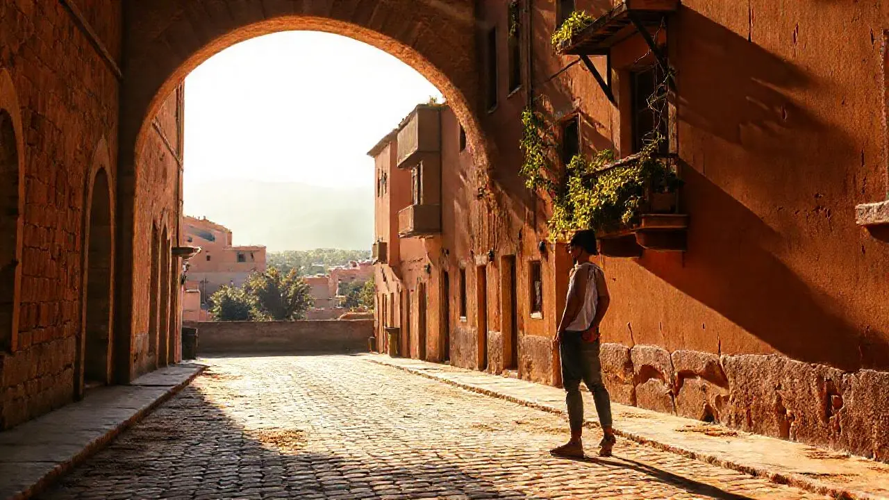 Pueblo antiguo, luz cálida y relajante