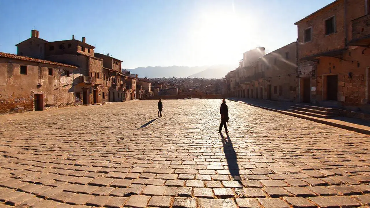 Escena urbana antigua, serena y distante