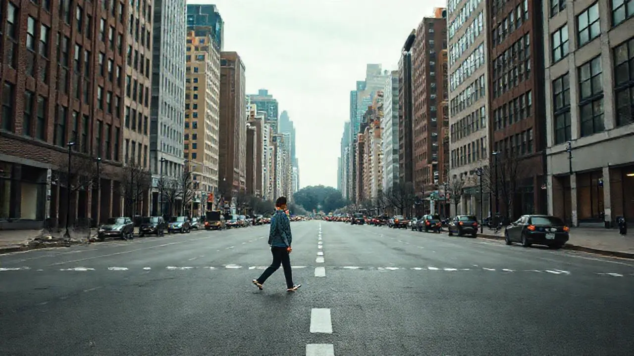 Calle urbana, figura solitaria, ambiente cotidiano