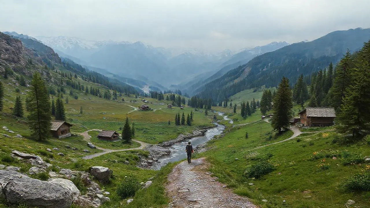 Vale, aquí tienes la respuesta:Paisaje montañoso amplio, sereno y natural