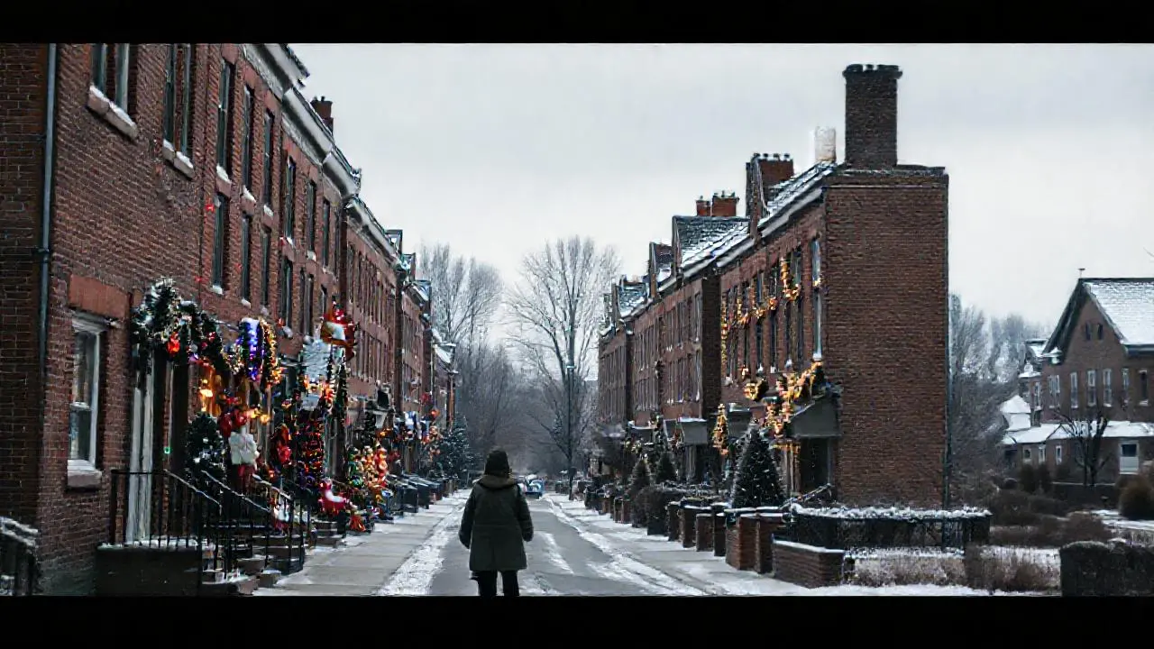 Calle nevada, ambiente invernal y festivo