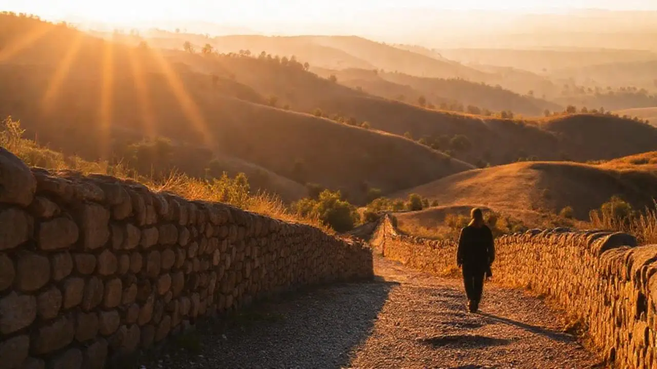 Paisaje sereno, figura solitaria se aleja