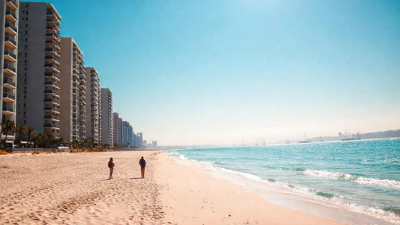 Playa tranquila con arquitectura moderna y luz suave