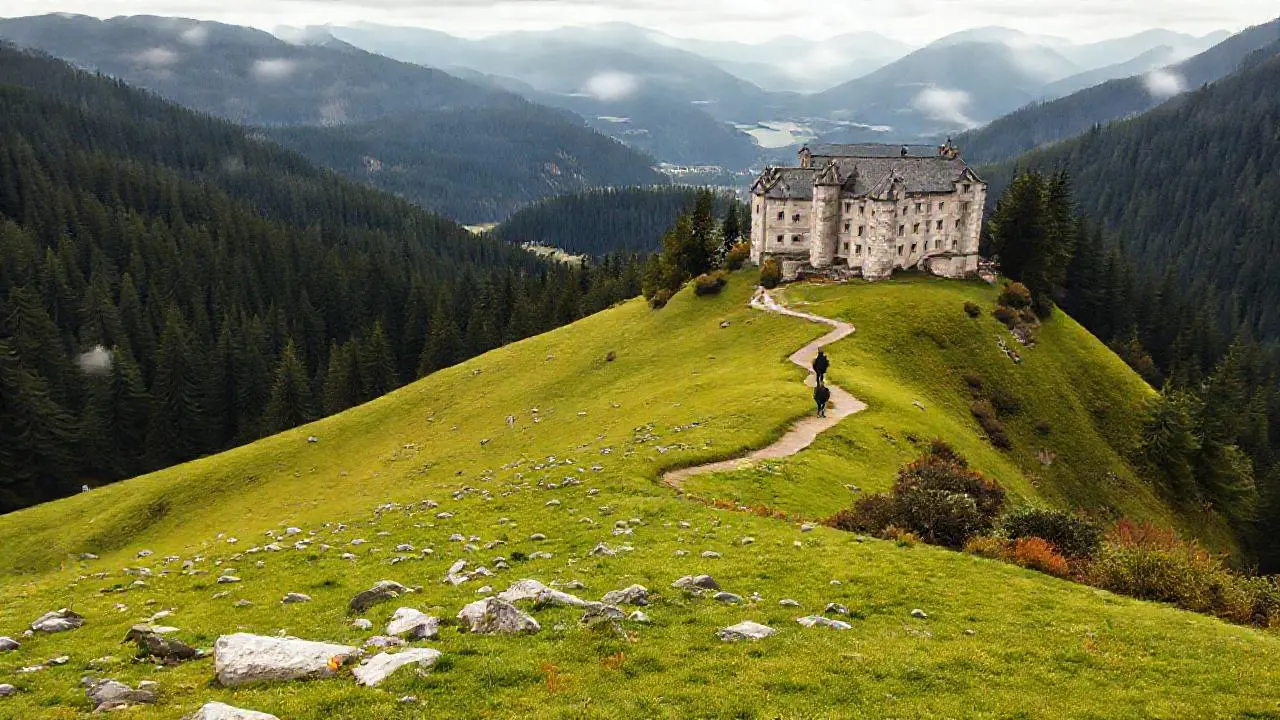 Castillo antiguo en paisaje montañoso sereno