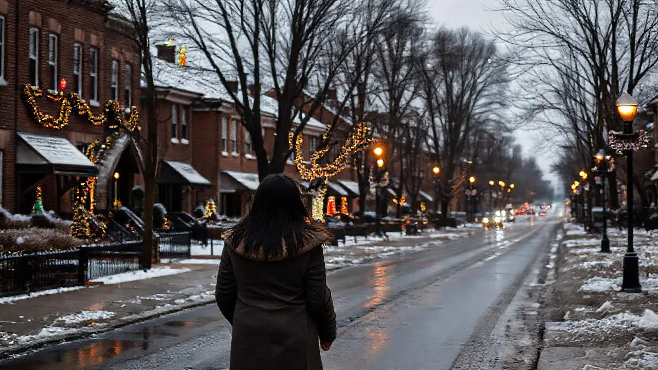 Calle invernal, tranquila y decorada