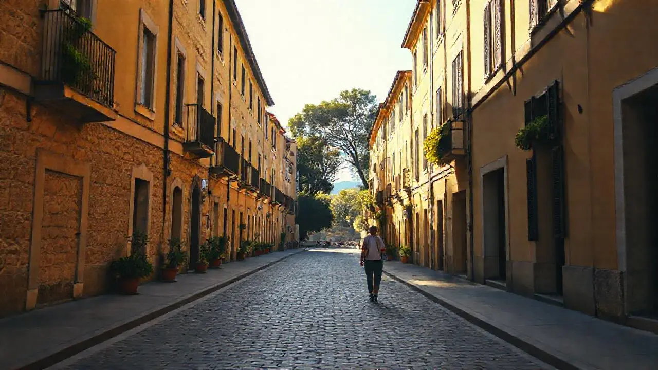 Calle tranquila, luz cálida y ambiente relajado