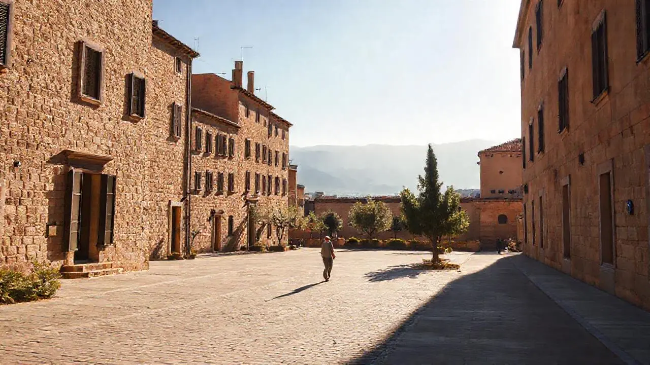 Plaza antigua, luz cálida y tranquila