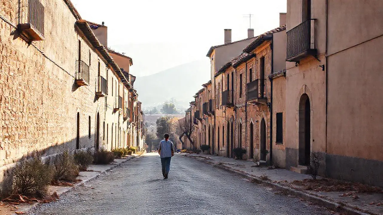 Calle antigua y tranquila bajo cielos difusos