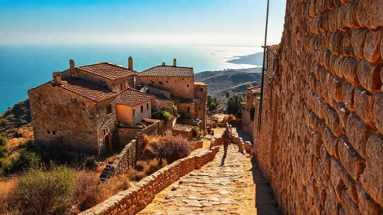 Pueblo mediterráneo antiguo, luz cálida y vistas